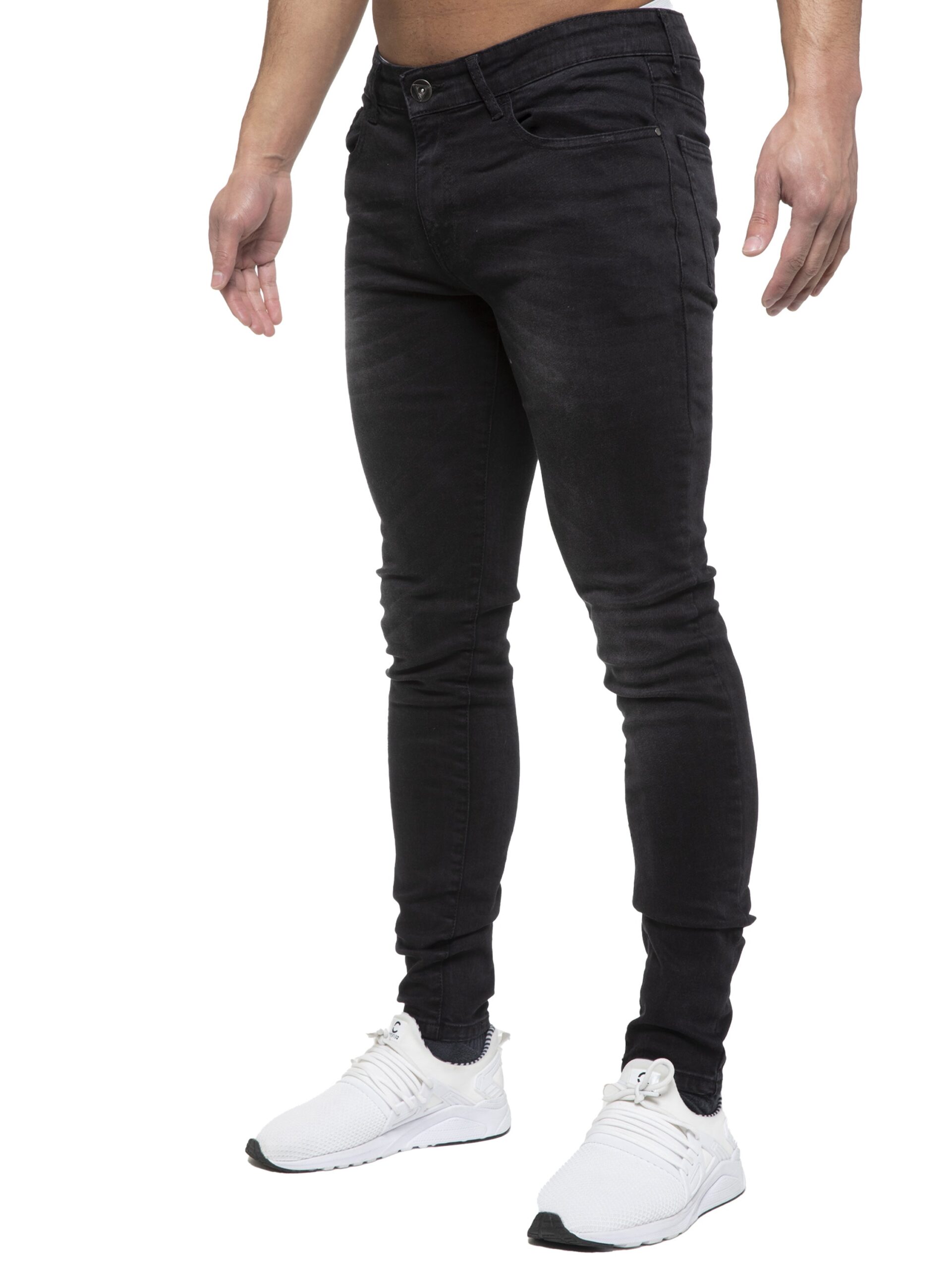 ETO | Mens Designer Slim Skinny Fit Stretch Jeans - Black / 28W / Short